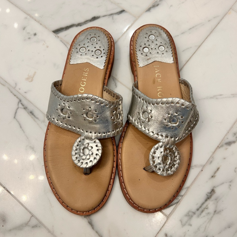 Jack Rogers Silver Tan Sandals with Medallion Design